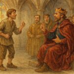 An illustration of a clever peasant answering the king’s riddles, Brittany, French folktale scene.