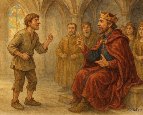 An illustration of a clever peasant answering the king’s riddles, Brittany, French folktale scene.