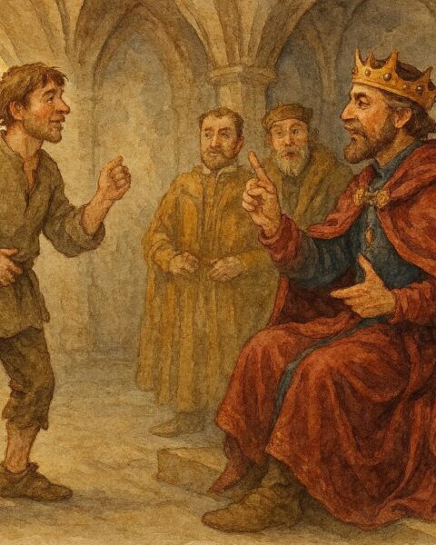 An illustration of a clever peasant answering the king’s riddles, Brittany, French folktale scene.
