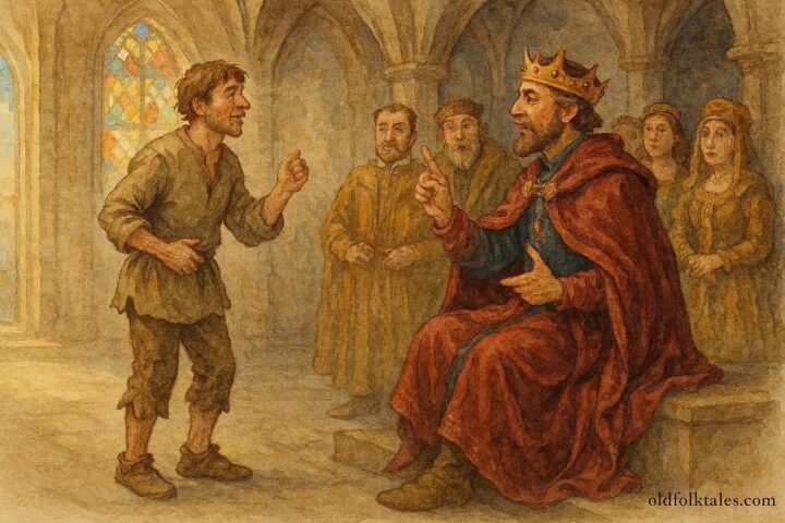 An illustration of a clever peasant answering the king’s riddles, Brittany, French folktale scene.