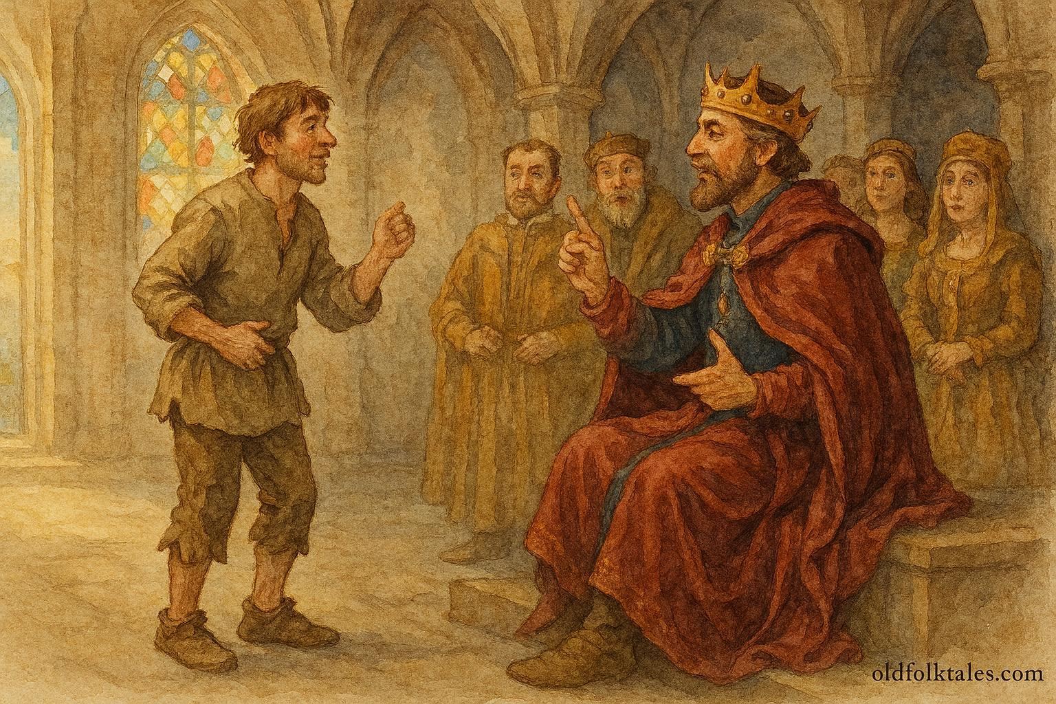 An illustration of a clever peasant answering the king’s riddles, Brittany, French folktale scene.
