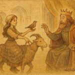 An illustration of clever girl before king on goat, Czech folktale scene.