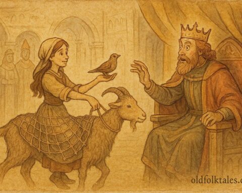 An illustration of clever girl before king on goat, Czech folktale scene.