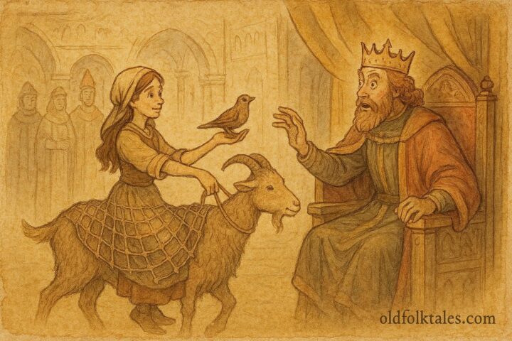 An illustration of clever girl before king on goat, Czech folktale scene.