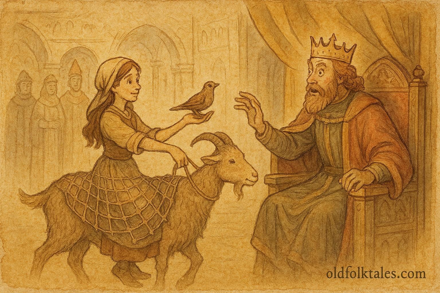 An illustration of clever girl before king on goat, Czech folktale scene.