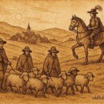 An artwork of Bosnian shepherd outsmarting a greedy nobleman, pastoral folklore scene.