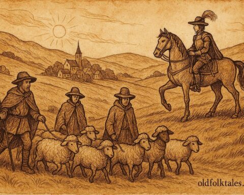 An artwork of Bosnian shepherd outsmarting a greedy nobleman, pastoral folklore scene.