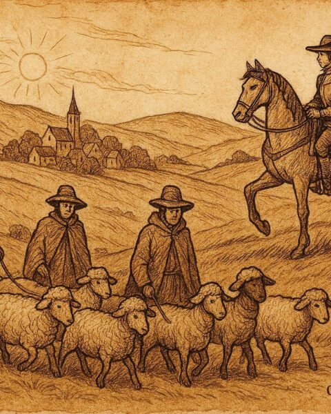 An artwork of Bosnian shepherd outsmarting a greedy nobleman, pastoral folklore scene.