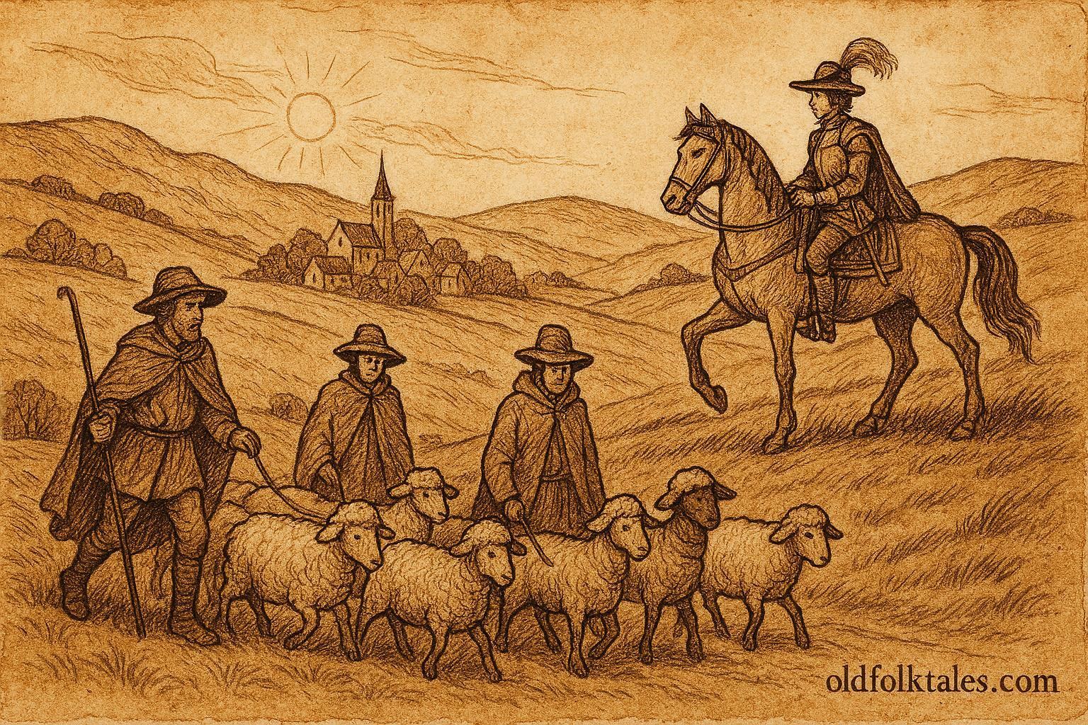 An artwork of Bosnian shepherd outsmarting a greedy nobleman, pastoral folklore scene.