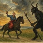 An illustration of a Ukrainian Cossack outwitting the Devil on a steppe road.