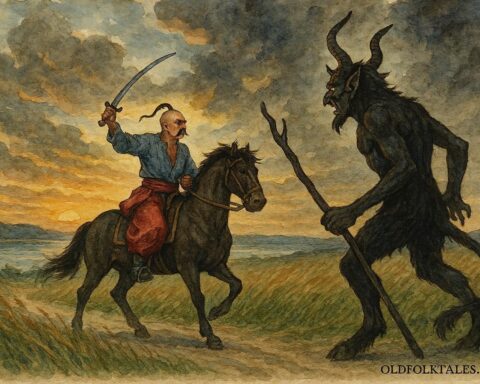 An illustration of a Ukrainian Cossack outwitting the Devil on a steppe road.
