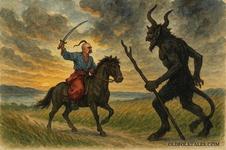 An illustration of a Ukrainian Cossack outwitting the Devil on a steppe road.