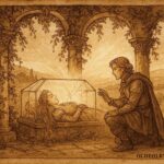 An illustration of sleeping princess in crystal casket with prince in Tuscan pavilion.