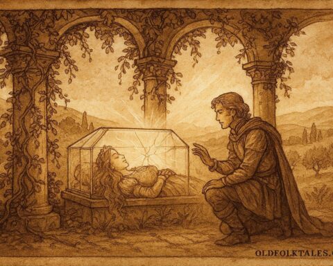 An illustration of sleeping princess in crystal casket with prince in Tuscan pavilion.