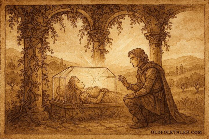 An illustration of sleeping princess in crystal casket with prince in Tuscan pavilion.