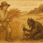 An artwork of peasant and devil in harvest field, Polish folktale scene.