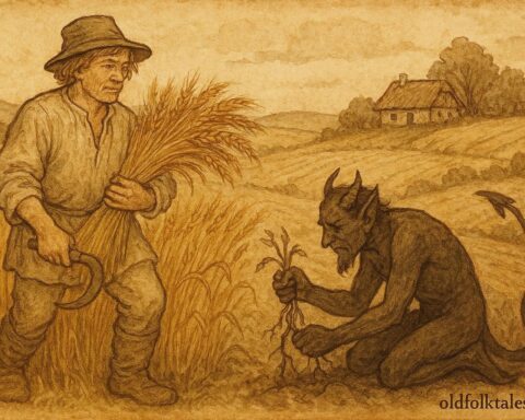 An artwork of peasant and devil in harvest field, Polish folktale scene.