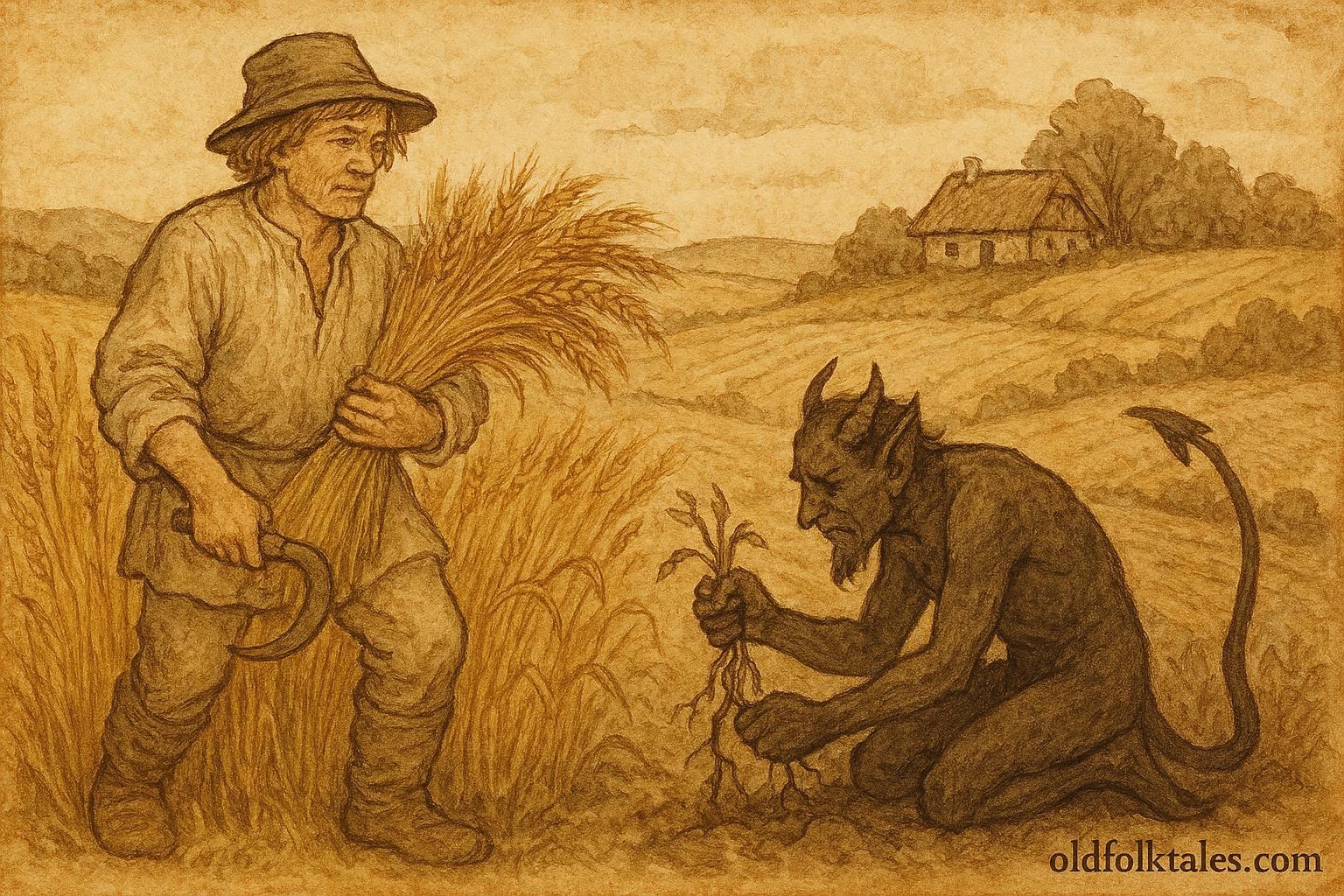 An artwork of peasant and devil in harvest field, Polish folktale scene.