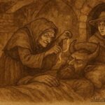 An illustration of Devil’s grandmother pulling golden hair from sleeping Devil in Grimm folktale.