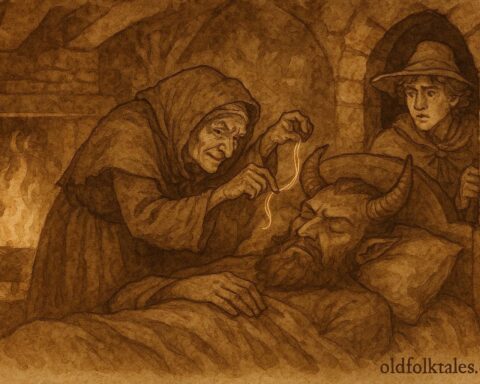 An illustration of Devil’s grandmother pulling golden hair from sleeping Devil in Grimm folktale.