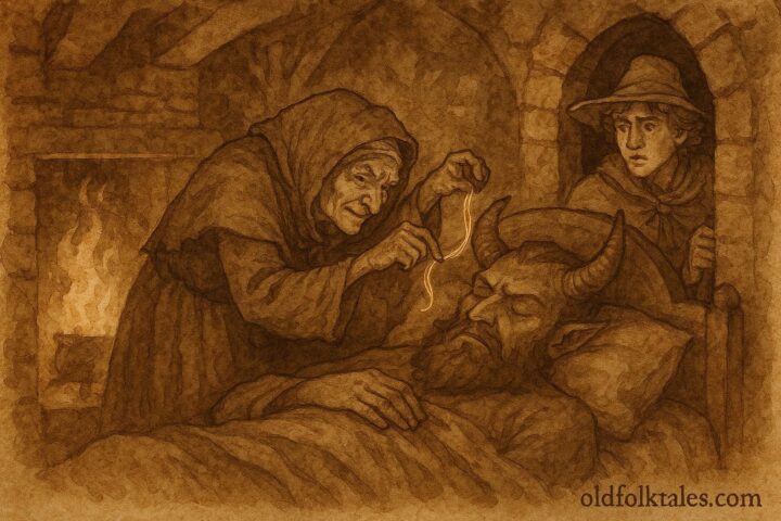 An illustration of Devil’s grandmother pulling golden hair from sleeping Devil in Grimm folktale.