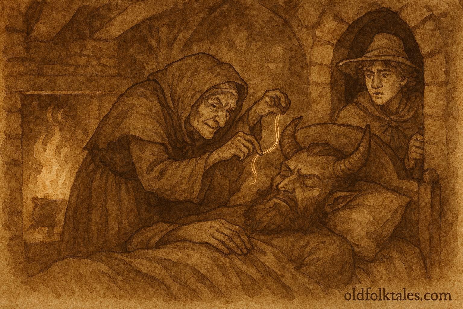 An illustration of Devil’s grandmother pulling golden hair from sleeping Devil in Grimm folktale.