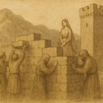 An artwork of bride sealed in fortress wall, Balkan folktale scene.
