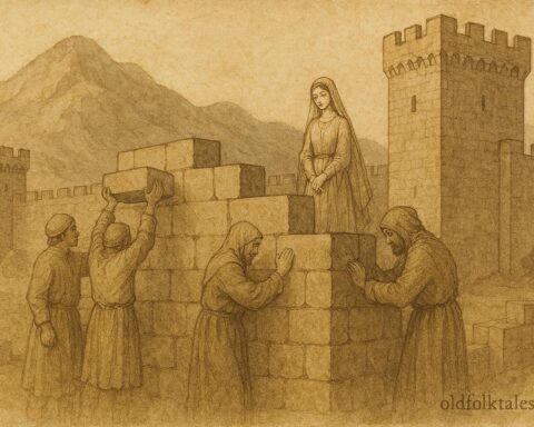 An artwork of bride sealed in fortress wall, Balkan folktale scene.