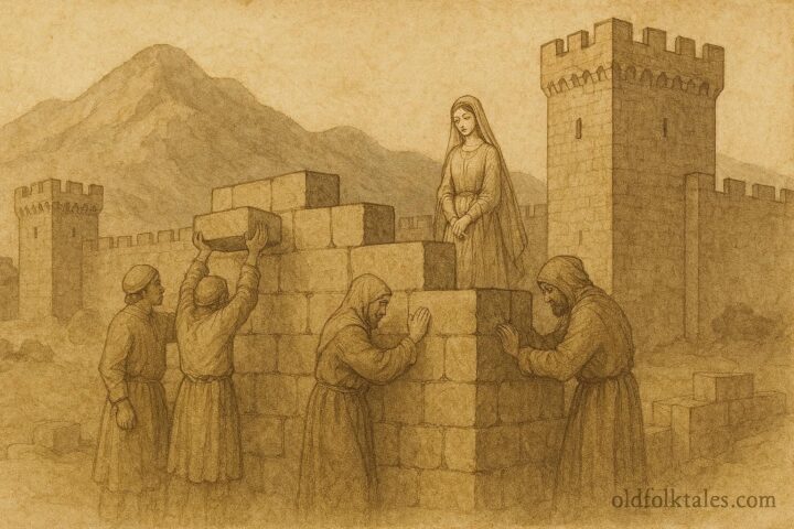 An artwork of bride sealed in fortress wall, Balkan folktale scene.