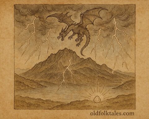 An illustration of storm dragon falling over Mount Pilatus near Lucerne in Swiss legend.