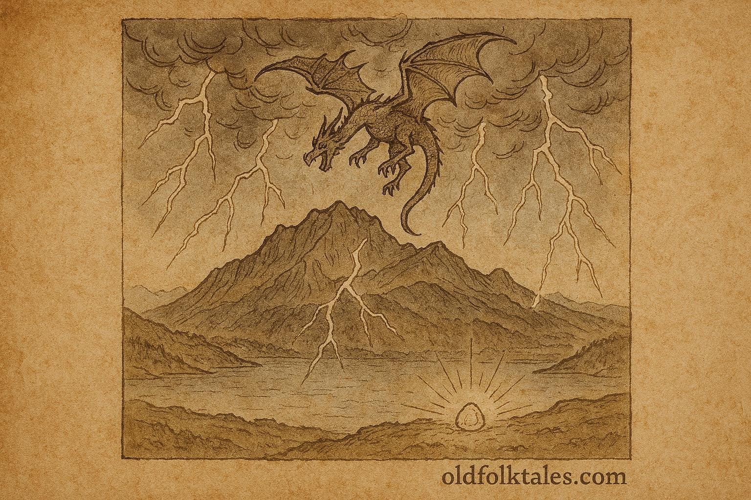 An illustration of storm dragon falling over Mount Pilatus near Lucerne in Swiss legend.