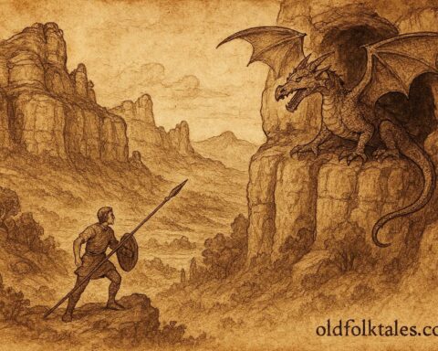 An illustration of hero confronting mountain dragon in Catalonia Spanish folktale.