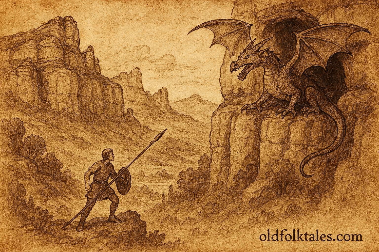 An illustration of hero confronting mountain dragon in Catalonia Spanish folktale.