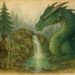 An illustration of a Serbian shepherd speaking with a dragon guarding a sacred mountain spring.