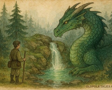An illustration of a Serbian shepherd speaking with a dragon guarding a sacred mountain spring.