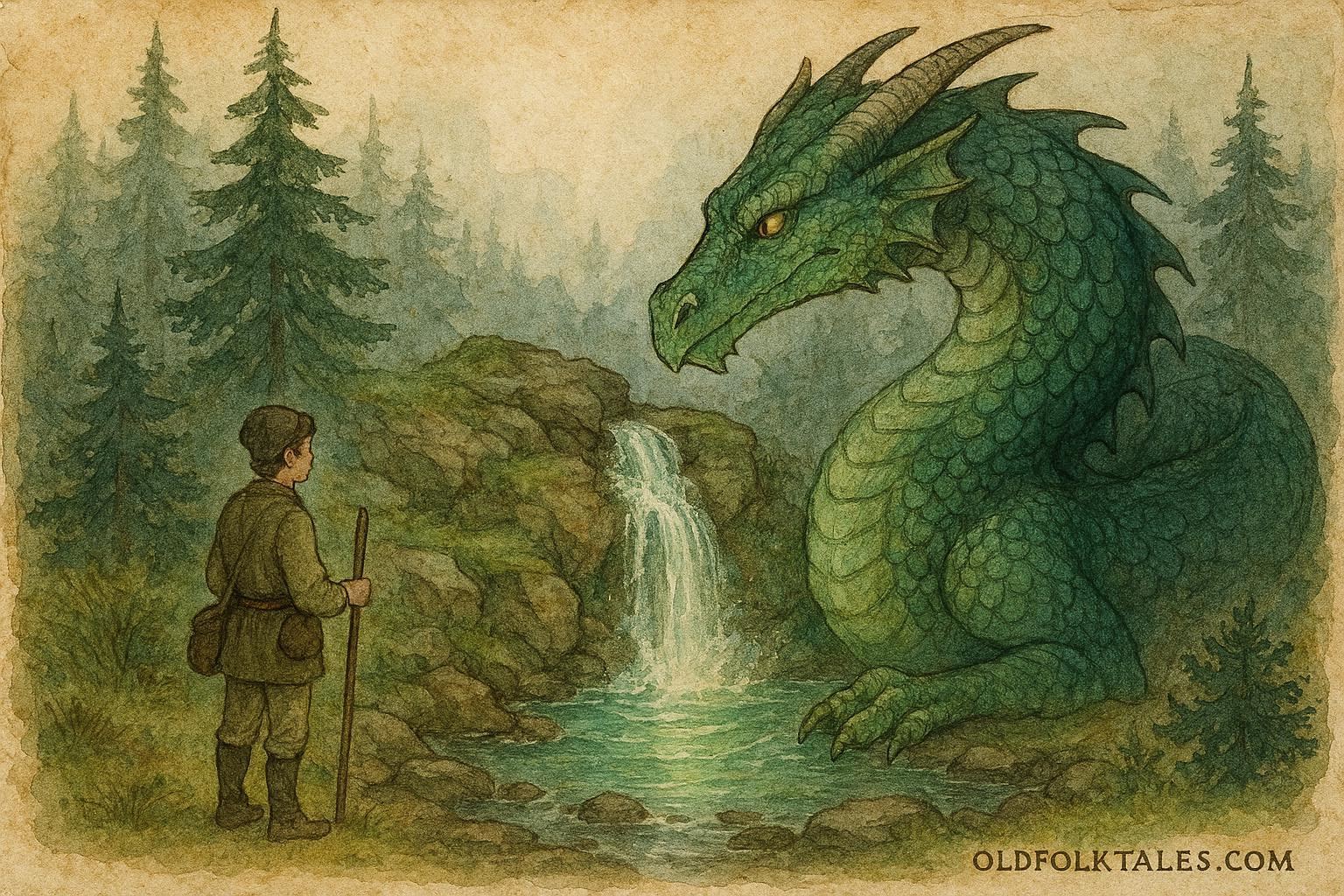 An illustration of a Serbian shepherd speaking with a dragon guarding a sacred mountain spring.