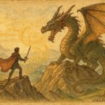 An illustration of hero confronting dragon in Bulgarian mountains, folktale scene.