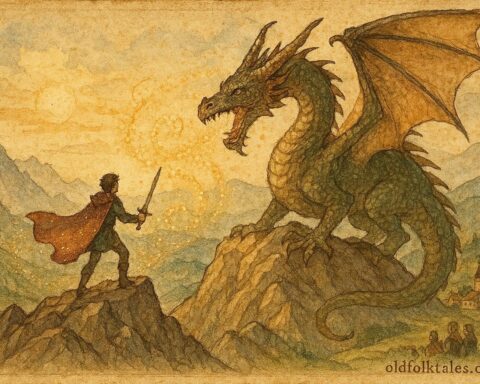 An illustration of hero confronting dragon in Bulgarian mountains, folktale scene.