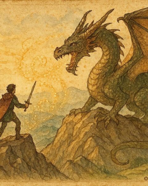 An illustration of hero confronting dragon in Bulgarian mountains, folktale scene.