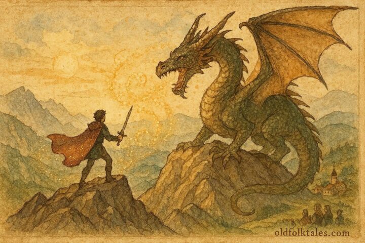 An illustration of hero confronting dragon in Bulgarian mountains, folktale scene.