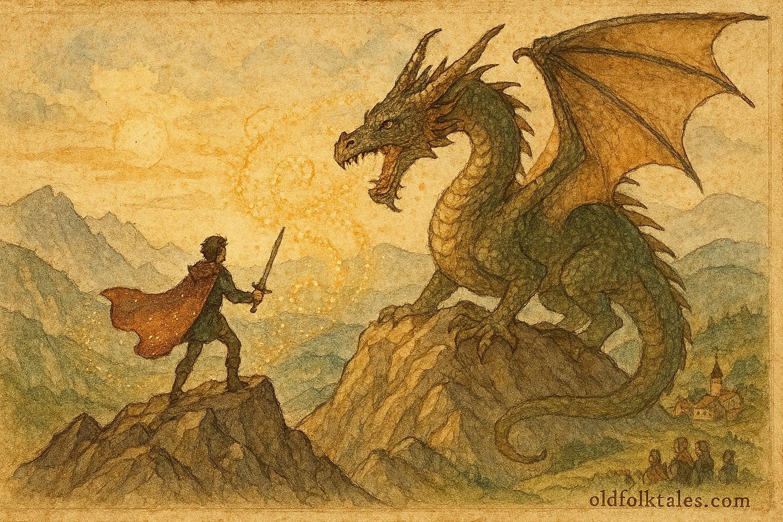 An illustration of hero confronting dragon in Bulgarian mountains, folktale scene.