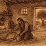 An illustration of Maltese farmer uncovering coins beneath hearthstone in rural home.