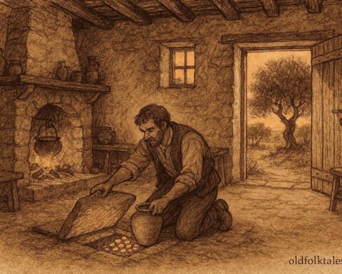 An illustration of Maltese farmer uncovering coins beneath hearthstone in rural home.