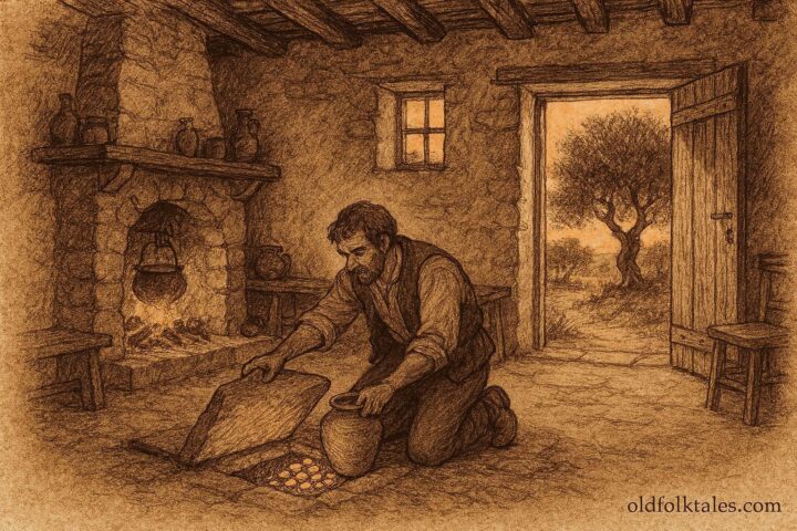 An illustration of Maltese farmer uncovering coins beneath hearthstone in rural home.