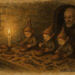 An artwork of elves crafting shoes at night in German folktale scene.
