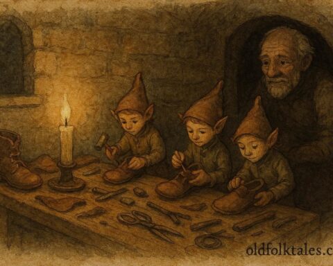 An artwork of elves crafting shoes at night in German folktale scene.