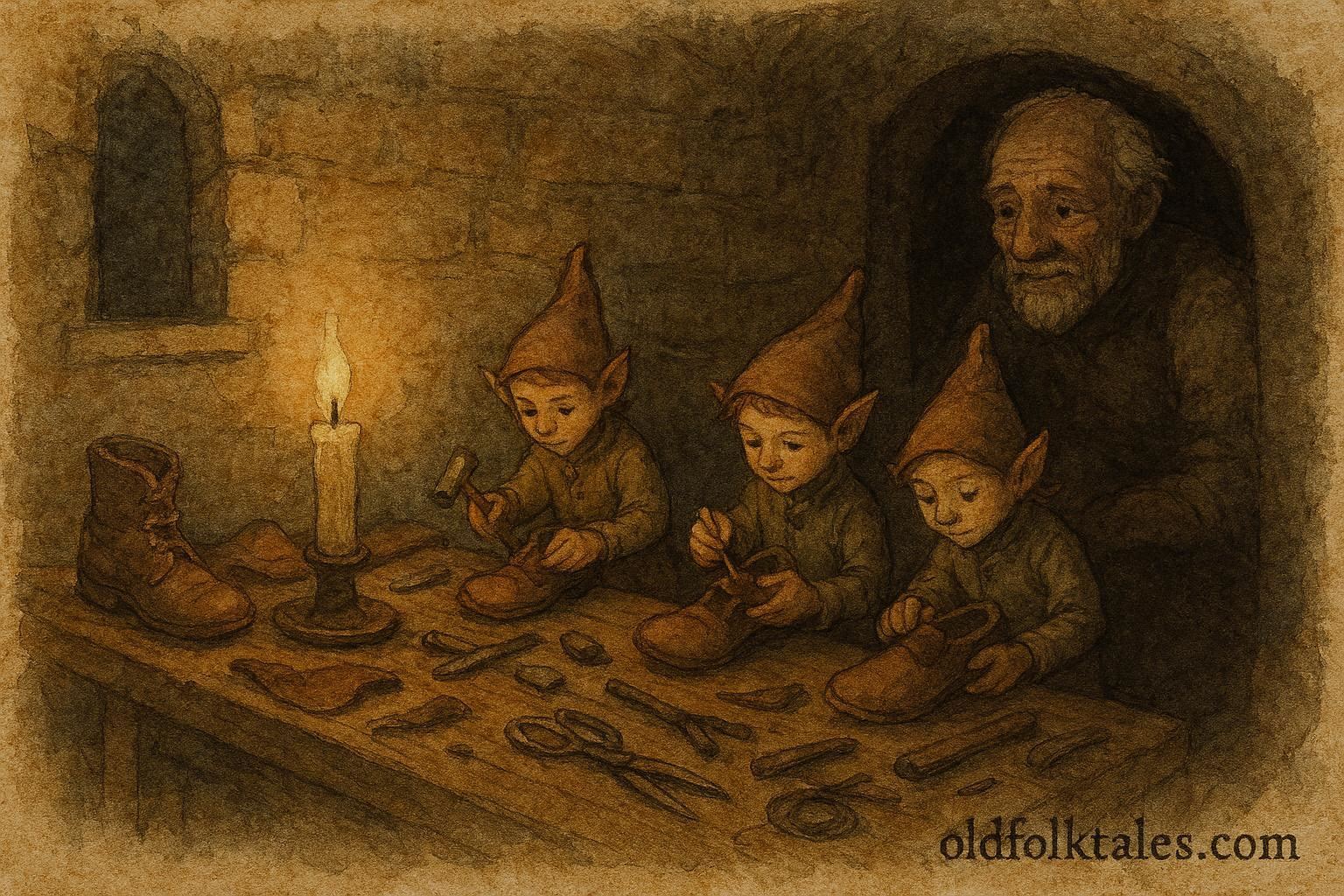 An artwork of elves crafting shoes at night in German folktale scene.