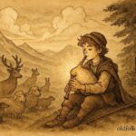 An artwork of a young Bulgarian shepherd playing a magical bagpipe, calming animals in the Rhodope Mountains.