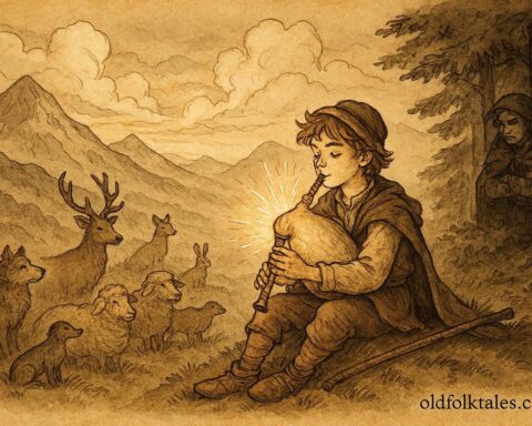 An artwork of a young Bulgarian shepherd playing a magical bagpipe, calming animals in the Rhodope Mountains.