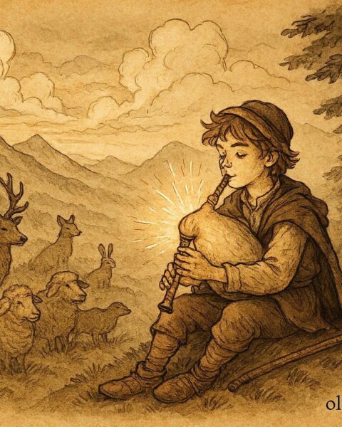 An artwork of a young Bulgarian shepherd playing a magical bagpipe, calming animals in the Rhodope Mountains.